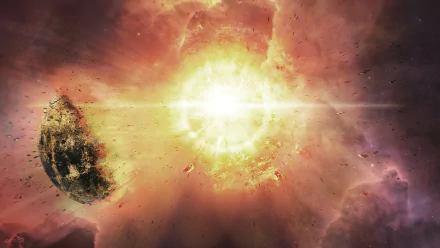 HD sci-fi desktop wallpaper depicting a bright sun explosion near a planet amidst a colorful nebula in deep space.
