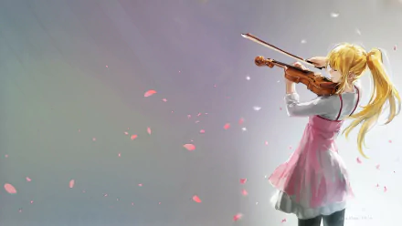 A blonde girl with long hair plays the violin, surrounded by falling petals. This HD wallpaper features Kaori Miyazono from the anime Your Lie in April.