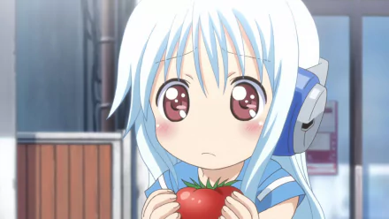 Chibi anime character with long white hair, brown eyes, and blush, wearing headphones and holding a tomato, from Kowarekake no Orgel as a HD PC desktop wallpaper.