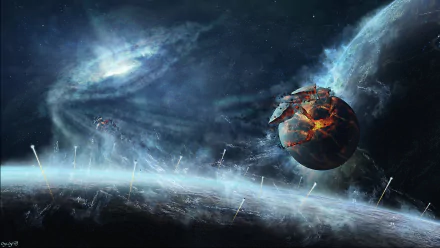 A dramatic sci-fi scene featuring a spaceship navigating through a vibrant galaxy, with distant planets and cosmic elements creating an immersive space backdrop.