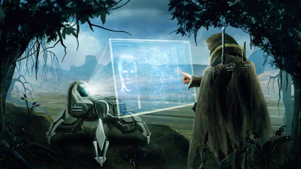 A futuristic scene featuring a warrior interacting with a holographic display, alongside a robotic companion, set in a sci-fi landscape. 4K Ultra HD quality enhances the striking visuals.