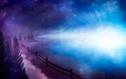 A fantasy landscape HD wallpaper featuring a foggy road lined with trees under a starry sky and swirling clouds, creating a mystical and ethereal atmosphere.