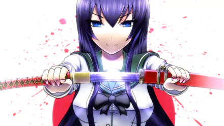 Anime character Saeko Busujima from Highschool of the Dead wields a katana with a confident smile, showcasing her purple hair and blue eyes, set against a dramatic background.