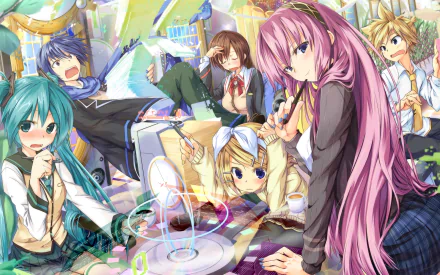 A vibrant HD wallpaper featuring popular Vocaloid characters: Meiko, Kaito, Len Kagamine, Rin Kagamine, Luka Megurine, and Hatsune Miku in an energetic anime setting.