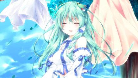 HD anime wallpaper of Sanae Kochiya from Touhou, smiling with long green hair and a white dress against a bright blue sky background.