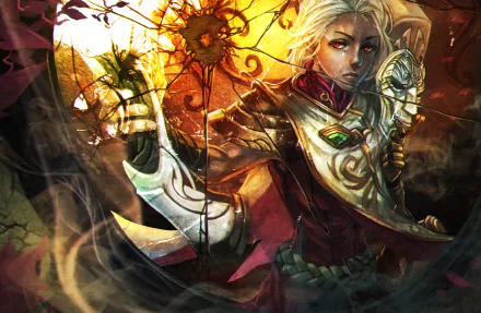 HD wallpaper featuring Jhin from League of Legends, showcasing the character’s intense expression and detailed armor against a dramatic, artistic background.