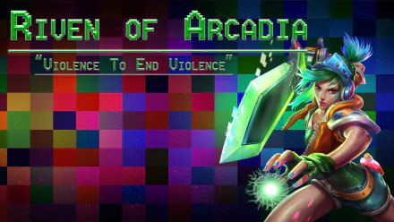 HD PC desktop wallpaper of Riven from the video game League of Legends — neon Riven of Arcadia theme with a pixelated colorful background, glowing broken blade and pulsing energy orb.