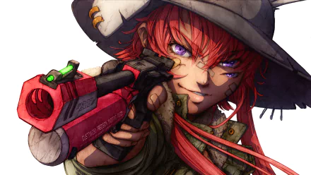 HD anime original artwork of a red-haired character with purple eyes and a wide-brimmed hat aiming a futuristic red and black weapon, designed as a PC desktop wallpaper.
