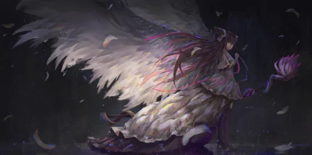 HD anime desktop wallpaper of Ultimate Madoka with large glowing angel wings, prominently featuring Madoka Kaname from Puella Magi Madoka Magica.