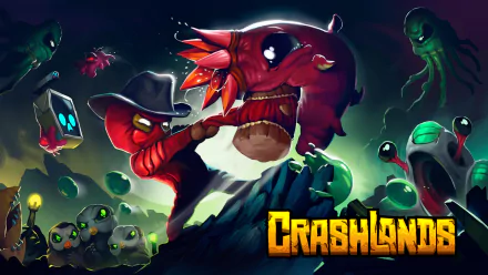 HD desktop wallpaper for Crashlands featuring vibrant artwork of alien creatures and game logo.