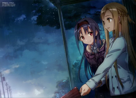 HD wallpaper featuring Yuuki Konno and Asuna Yuuki from Sword Art Online II anime, standing together with a serene night sky background.