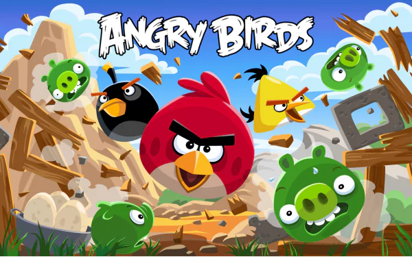 HD desktop wallpaper and background featuring characters from the video game Angry Birds, including Red, Chuck, Bomb, and several green pigs, set against a backdrop of destructed wooden structures.