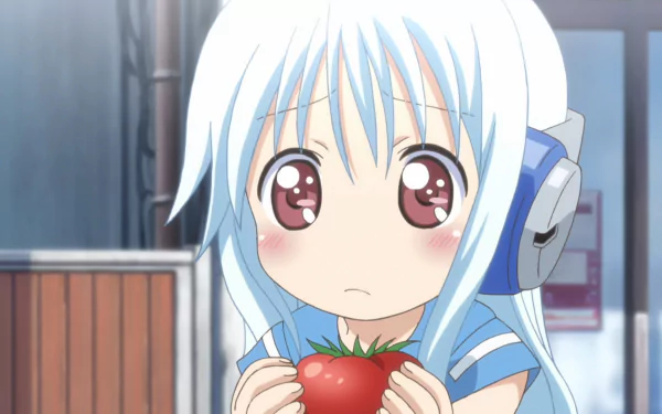 Chibi anime character with long white hair, brown eyes, and blush, wearing headphones and holding a tomato, from Kowarekake no Orgel as a HD PC desktop wallpaper.