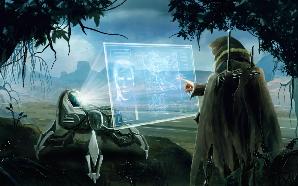 A futuristic scene featuring a warrior interacting with a holographic display, alongside a robotic companion, set in a sci-fi landscape. 4K Ultra HD quality enhances the striking visuals.