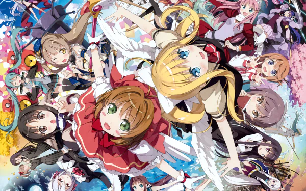 Vibrant HD anime crossover wallpaper featuring a dynamic ensemble of characters, showcasing their lively expressions and colorful designs against a whimsical background.