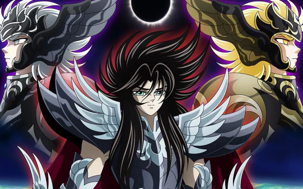 HD desktop wallpaper featuring Hades from Saint Seiya, surrounded by two armored figures with dramatic lighting and dynamic poses, capturing the essence of the anime.