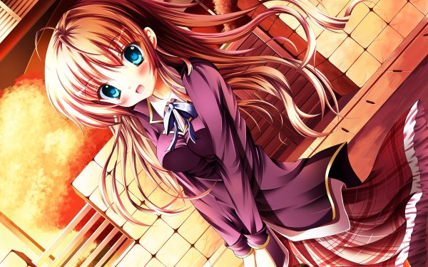 Anime Original Long Hair Brown Hair Blue Eyes Blush Smile Ribbon School Uniform bow HD Wallpaper | Background Image