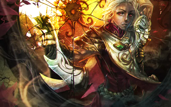 HD wallpaper featuring Jhin from League of Legends, showcasing the character’s intense expression and detailed armor against a dramatic, artistic background.