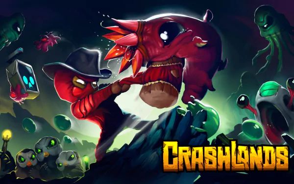 HD desktop wallpaper for Crashlands featuring vibrant artwork of alien creatures and game logo.