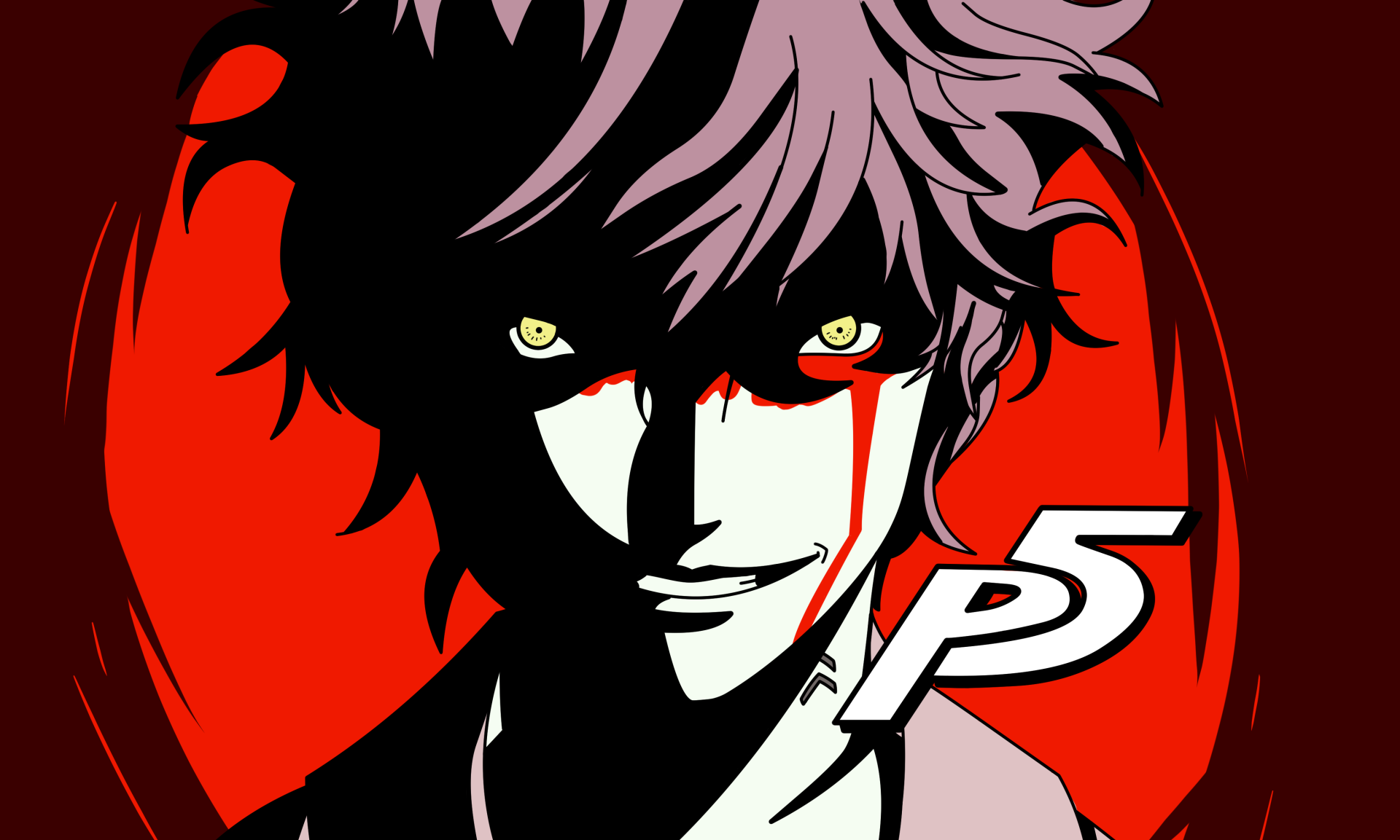 HD desktop wallpaper of Persona 5 featuring a stylized character with red eyes on a red and black background.