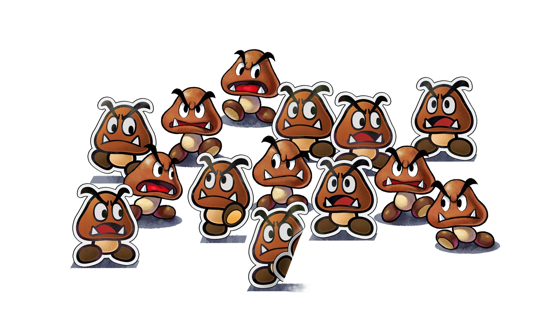 HD desktop wallpaper from Mario & Luigi: Paper Jam featuring a group of Paper Goombas.
