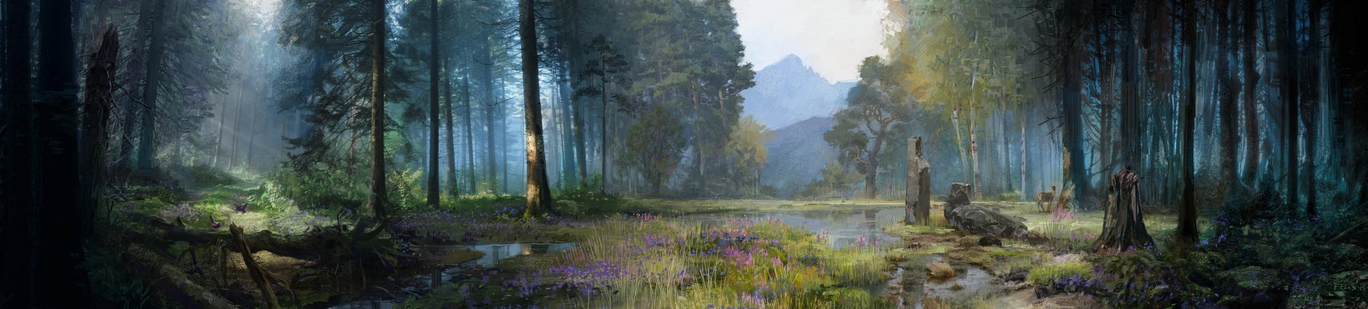 HD PC desktop wallpaper featuring a misty forest landscape with wildflowers and distant mountains from the video game Far Cry Primal.