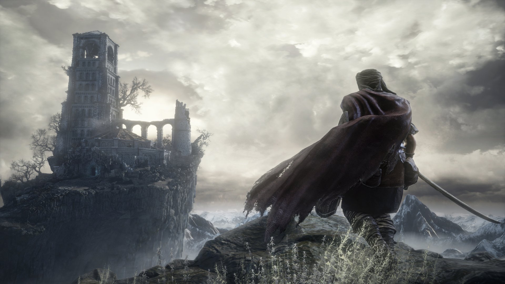 A dark, atmospheric scene from Dark Souls III featuring a lone figure with a cape, standing on a rocky outcrop, gazing at a crumbling tower under a moody sky. HD desktop wallpaper.