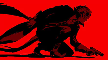 HD desktop wallpaper featuring a stylized Persona 5 character crouching against a vibrant red background.