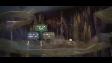 HD desktop wallpaper featuring a scene from the game Oxenfree with characters in a dark, eerie forest with dialogue bubbles.