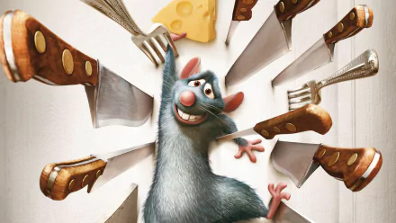 HD desktop wallpaper featuring Remy from the movie Ratatouille, playfully hanging on a wall with knives and forks pointing towards him, reaching for a piece of cheese.