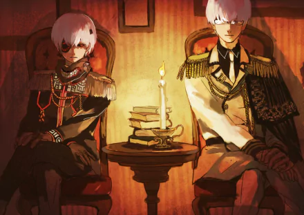 A high-definition desktop wallpaper featuring Ken Kaneki and Kishou Arima from the anime Tokyo Ghoul, sitting with a candle and books on a table between them. Both characters have white hair and are dressed in formal attire.