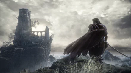A dark, atmospheric scene from Dark Souls III featuring a lone figure with a cape, standing on a rocky outcrop, gazing at a crumbling tower under a moody sky. HD desktop wallpaper.