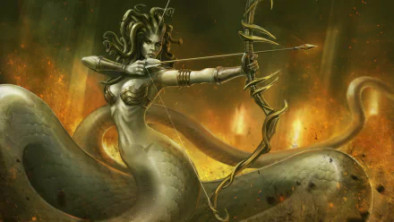 A fantasy-themed HD wallpaper depicting Medusa, featuring a serpent body and wielding a bow and arrow, set against a backdrop of flames and intense colors.