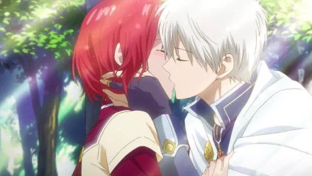 A captivating scene from Snow White With The Red Hair, featuring Shirayuki and Zen Wistalia Clarines sharing a tender kiss amidst a lush, enchanting background.