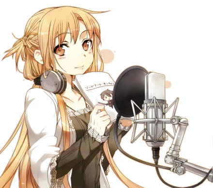 HD desktop wallpaper featuring Asuna Yuuki from Sword Art Online. The anime character is holding a script and standing behind a studio microphone, ready to record.