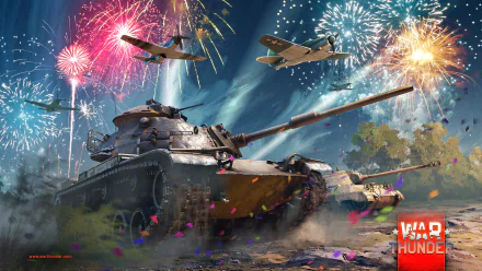 HD PC desktop wallpaper from the video game War Thunder featuring tanks and planes with colorful fireworks in the night sky.
