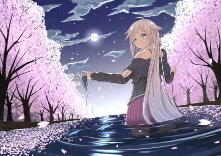 A serene anime scene featuring IA from Vocaloid, with long white hair and blue eyes, standing in water surrounded by cherry blossoms under a moonlit sky.