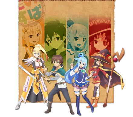 This HD desktop wallpaper features Megumin, Aqua, Kazuma Satou, and Darkness from the anime KonoSuba - God’s Blessing on This Wonderful World!!. The characters appear against a vibrant, multicolored backdrop.