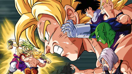 HD desktop wallpaper featuring characters from Dragon Ball Z: Trunks, Gohan, Piccolo, Vegeta, Goku, and Broly in a dynamic action scene.