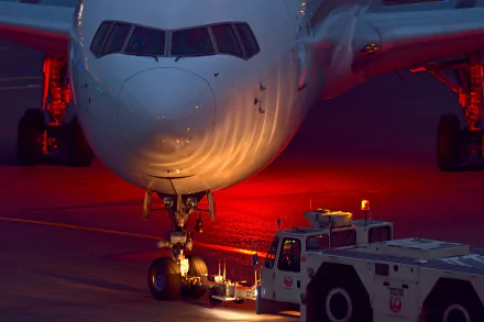 A nighttime scene at the airport featuring a close-up of an airplane's nose, illuminated by subtle red lights, with a tug vehicle preparing for departure. HD desktop wallpaper image.