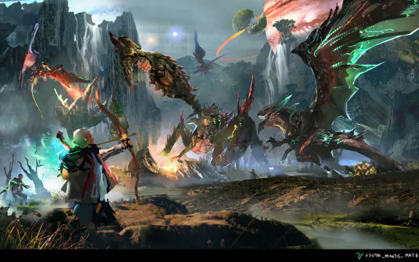 HD desktop wallpaper featuring a warrior and dragons from Scalebound, set in a mystical landscape with mountains and a glowing orb.