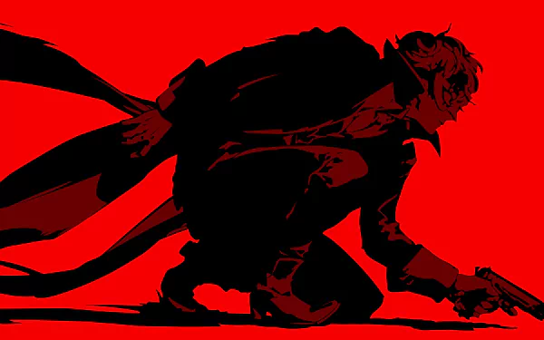 HD desktop wallpaper featuring a stylized Persona 5 character crouching against a vibrant red background.