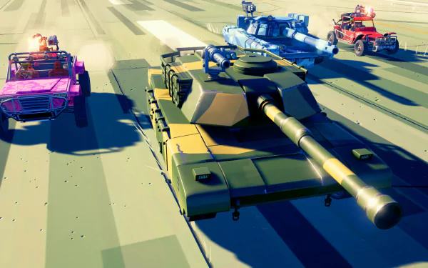 HD desktop wallpaper from Hardware: Rivals featuring combat vehicles like tanks and trucks in dynamic action on a sunlit battlefield.