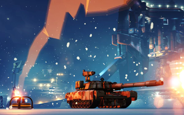 HD desktop wallpaper featuring a tank from the game Hardware: Rivals in a wintery, industrial setting.