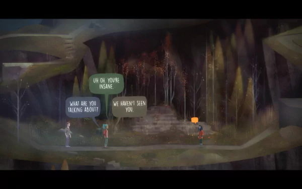 HD desktop wallpaper featuring a scene from the game Oxenfree with characters in a dark, eerie forest with dialogue bubbles.