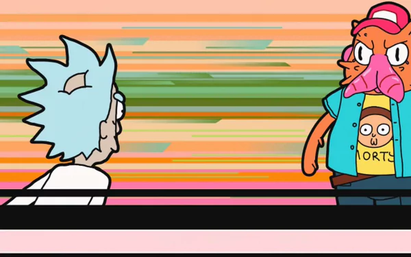 HD desktop wallpaper from 'Rick and Morty: Pocket Mortys' featuring the character Rick Sanchez on a vibrant background.