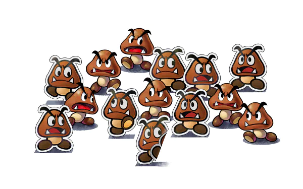 HD desktop wallpaper from Mario & Luigi: Paper Jam featuring a group of Paper Goombas.