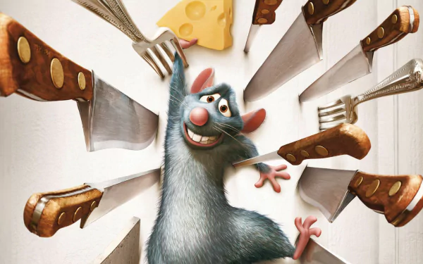 HD desktop wallpaper featuring Remy from the movie Ratatouille, playfully hanging on a wall with knives and forks pointing towards him, reaching for a piece of cheese.