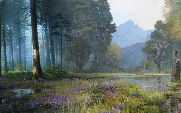 HD PC desktop wallpaper featuring a misty forest landscape with wildflowers and distant mountains from the video game Far Cry Primal.
