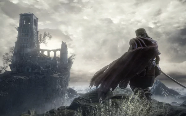 A dark, atmospheric scene from Dark Souls III featuring a lone figure with a cape, standing on a rocky outcrop, gazing at a crumbling tower under a moody sky. HD desktop wallpaper.